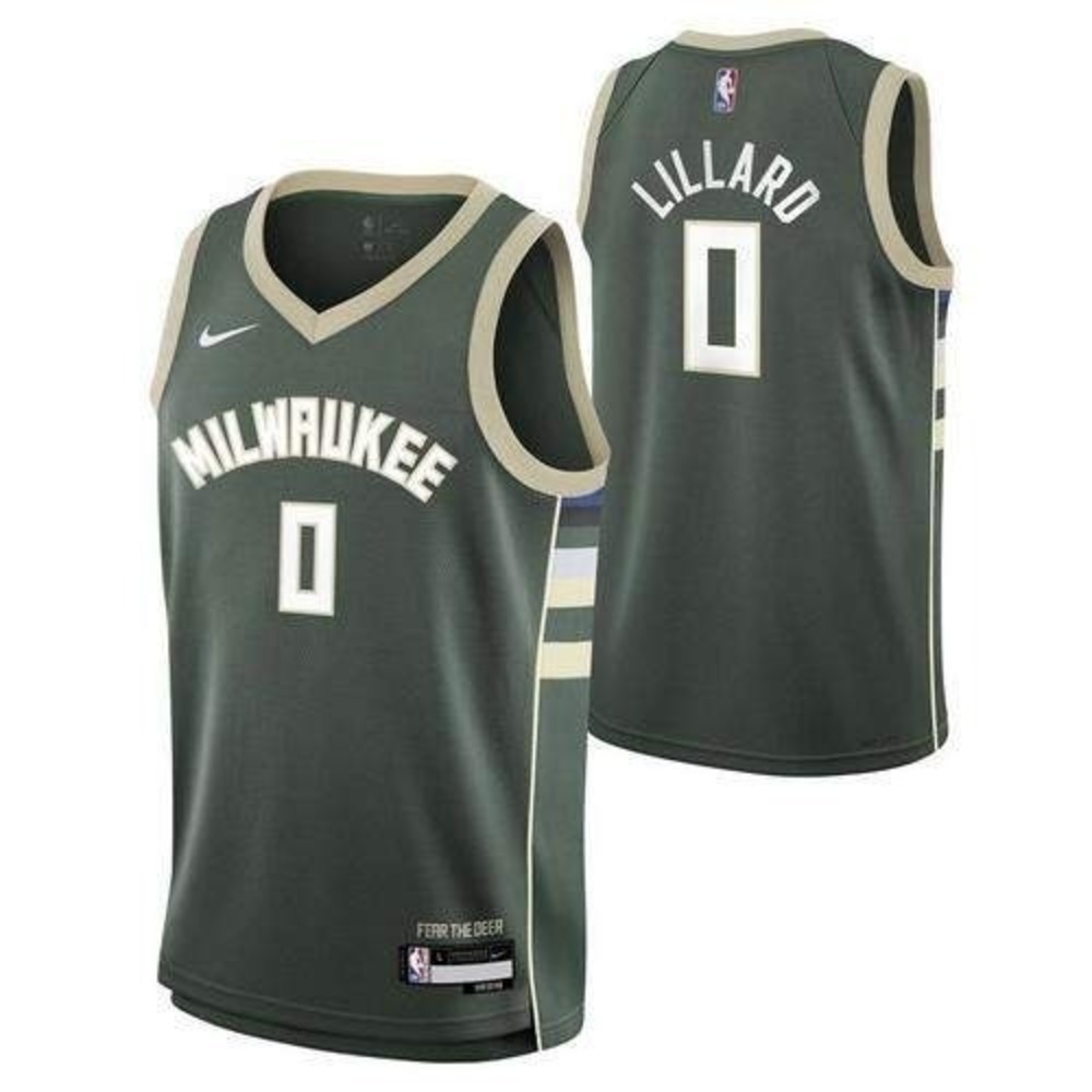 Nike Milwaukee Bucks Damian Lillard Icon Jersey Green/Beige Kids Youth Sz L NWT
